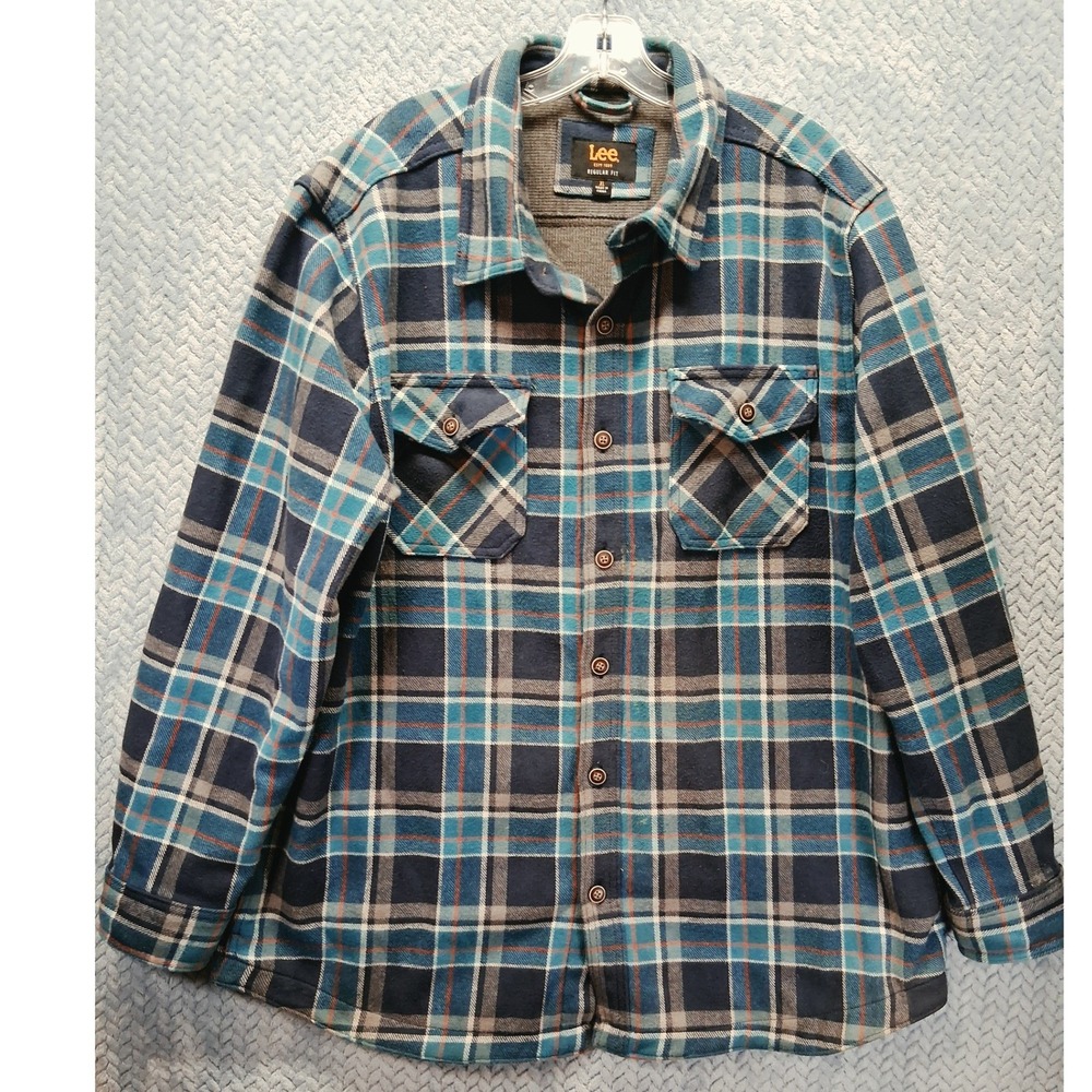 Lee Mens XL Regular Fit Waffle Lined Flannel Shirt Jacket Blue Plaid Heavy Warm